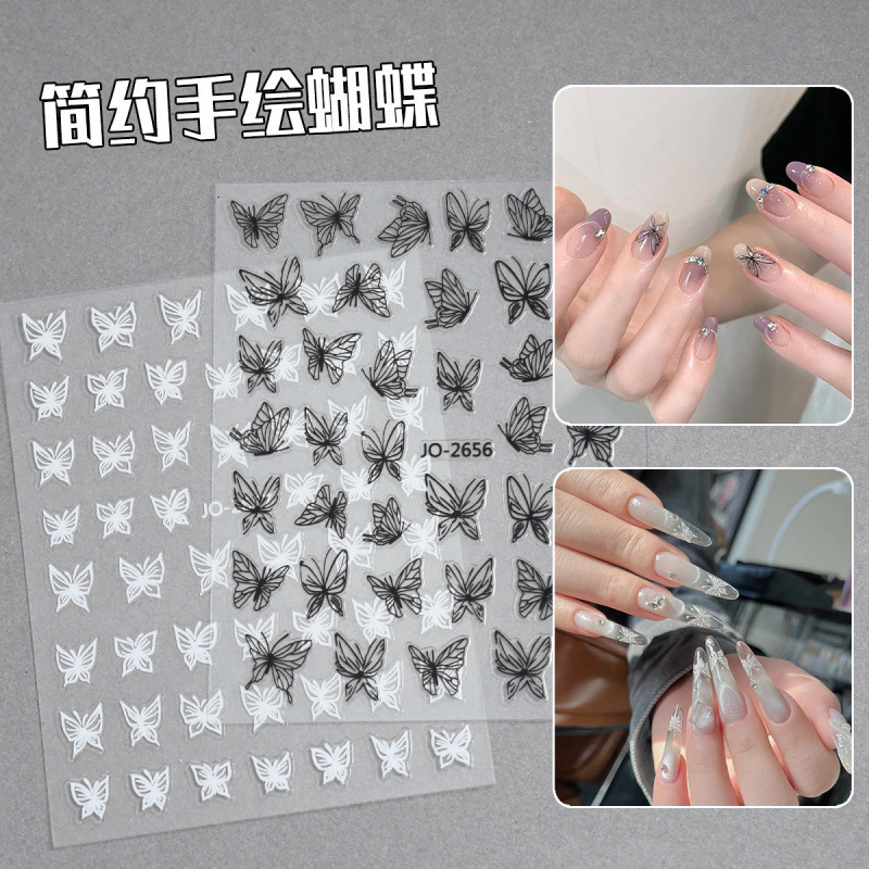 Hand-Painted Butterfly Nail Art Stickers Retro Simple Gold Black White Ice Butterfly Stereo Nail Decals with Adhesive Backing