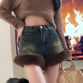 美式复古辣妹美拉德牛仔短裤新款女秋冬新款高腰设计感字休闲裤潮