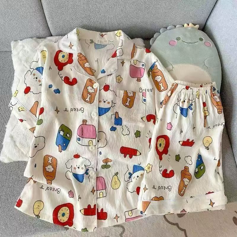 Cute punto de onda KT gato nubes pijamas de algodón mujer pantalones cortos de manga corta de verano coreano cuello de dibujos animados set de ropa para el hogar