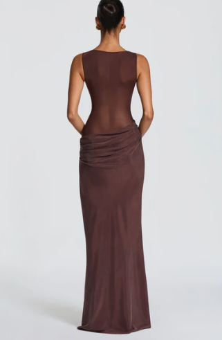 Women's Solid Color Patchwork Slim Fit Dress - Sheer Draped Evening Gown For Sophisticated Style_ecoleips.com