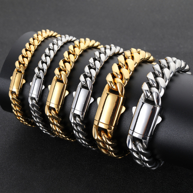 Cross-Border European and American Spring Buckle Stainless Steel Bracelet Trendy Brand Hip-Hop Cuban Chain Men's Titanium Steel Bracelet Jewelry Wholesale