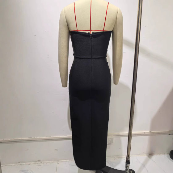 European and American Stars Same Style Black Strapless Collar Diamond High Split Bandage Fabric Banquet Host Stage Evening Dress