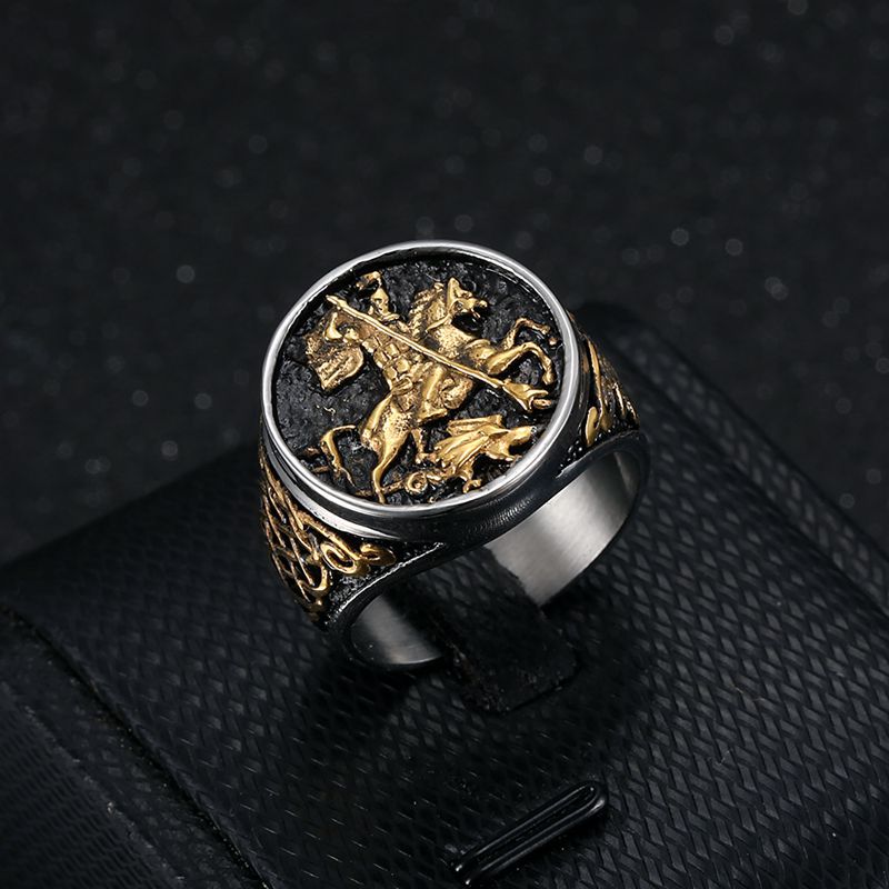 Europe and the United States cross-border new ring titanium steel/stainless steel vacuum gold plated St. George dragon slaying Knight men's ring