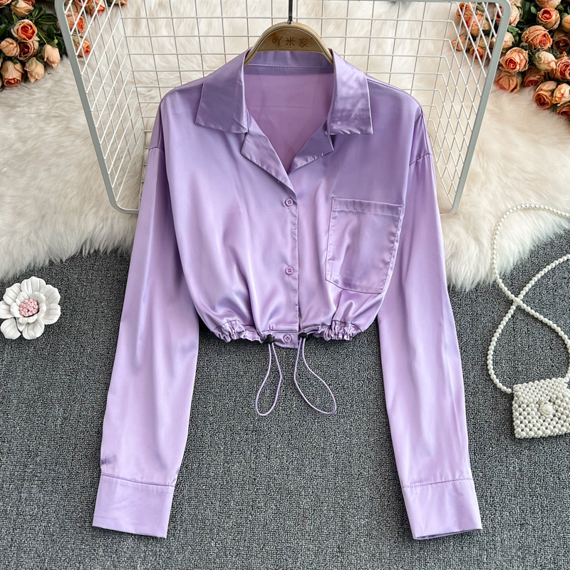 Spring And Autumn Korean Women's Suits, Collar, V-neck, Long-sleeved, Drawstring, Short Shirts, Design, Niche, Loose Tops, Trendy