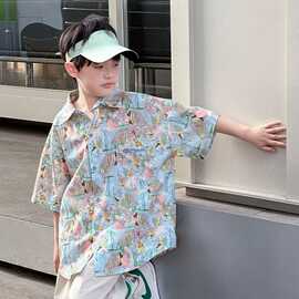 童装男童衬衫短袖时尚新款夏季薄款儿童花衬衣炸街痞帅男孩上衣