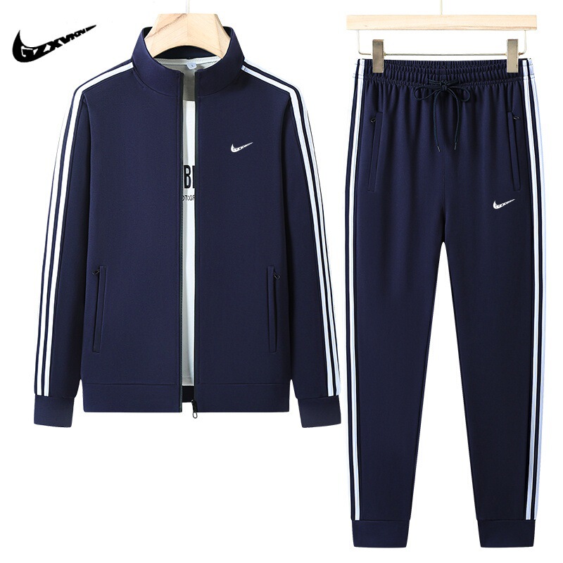 Cross-border Spring and Autumn Casual Sportswear suit Men's Cardigan Collar Color Contrast Loose plus size Morning Run Three-bar Two-piece Set Cross-border Spring and Autumn Casual Sportswear suit Men's Cardigan Collar Color Contrast Loose plus size Morning Run Three-bar Two-piece Set
