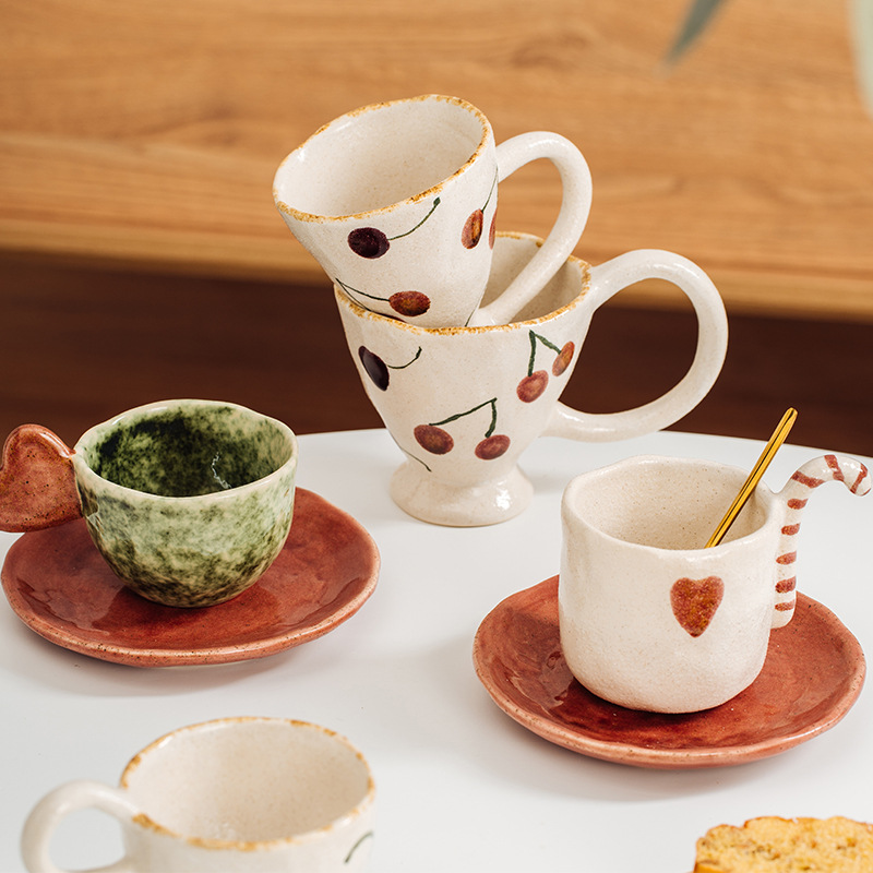 Meijiahui mano cerámica taza de café y plato conjunto retro encantador dibujos animados italiano taza de latte taza de leche