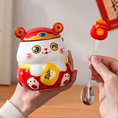 蓋付きスプーンマグ付きクリエイティブラッキーキャット、見栄えの良いかわいいセラミックマグ、カップルホームオフィスウォーターカップ