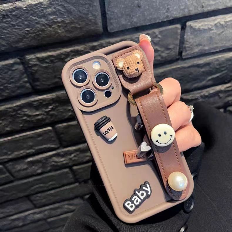 Brown Bear Wristband with Smiley Face Suitable for Apple 14Promax Photo Frame Fine Hole Iphone13/127Plus Phone Case