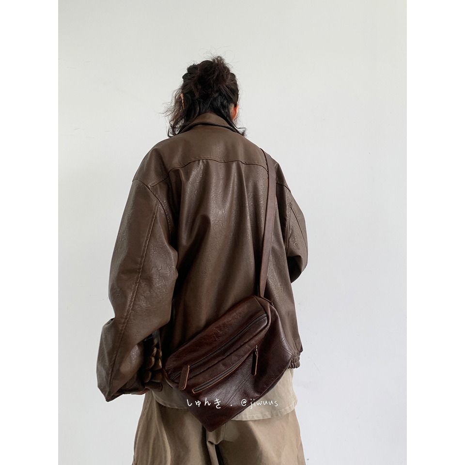 Primavera 2024 japonés retro pu motocicleta chaqueta de cuero para niños y niñas clásico suelto neutral marrón chaqueta de cuero chaqueta