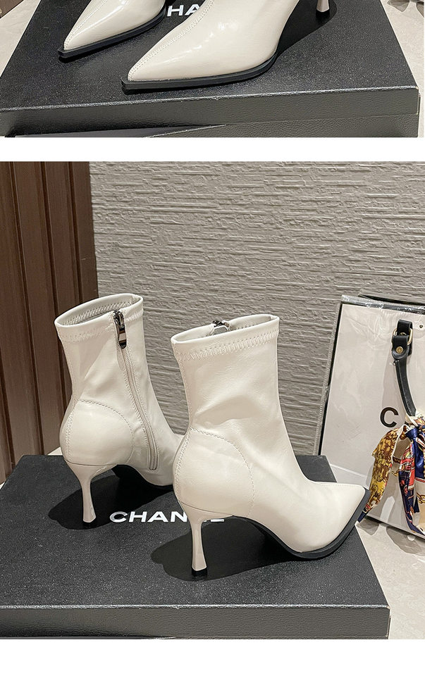 Bốt ngắn nữ mũi nhọn gót cao 6–8 cm chất liệu co giãn ôm chân, khóa kéo bên — Màu nâu, Màu nâu lót nhung, Màu trắng be, Màu đen chi tiết 11