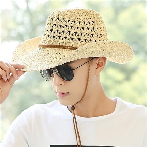Vintage Straw Cowboy Hat For Men Sun Protection Beach Style_voghion.com