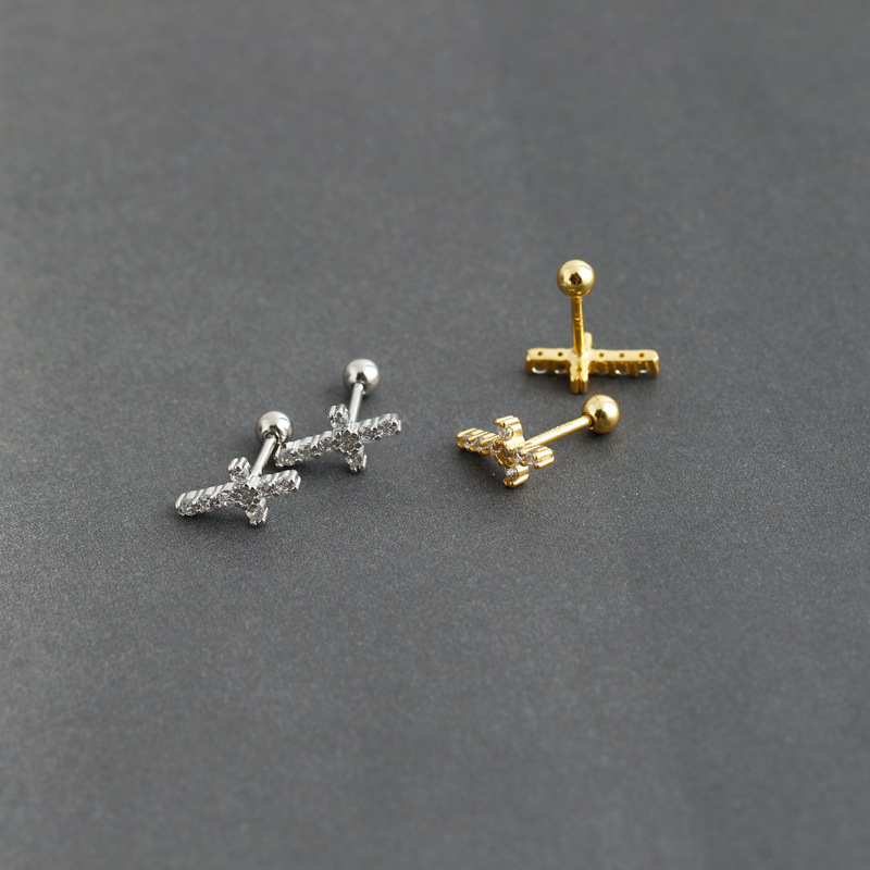 Simple Style Cross Sterling Silver Inlay Zircon Ear Studs 1 Pair