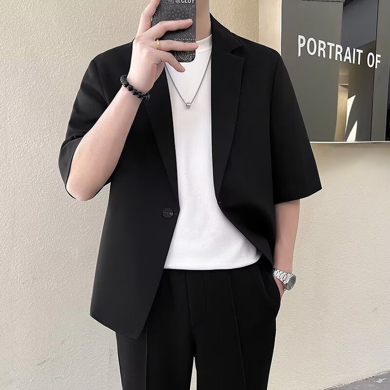 High-End Three-Quarter Sleeve Suit for Men, Summer Thin Slim-Fit Half-Sleeve Jacket, Small Suit, Men's Short-Sleeve Top, Mid-Sleeve Trendy High-End Three-Quarter Sleeve Suit for Men, Summer Thin Slim-Fit Half-Sleeve Jacket, Small Suit, Men's Short-Sleeve Top, Mid-Sleeve Trendy