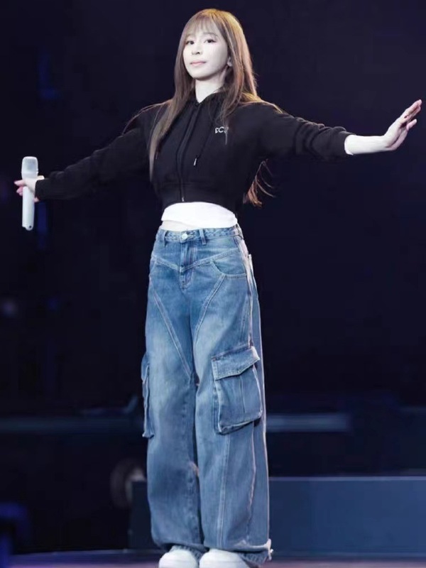 现货王心夌薛凯其同款美式复古多口袋工装牛仔裤女宽松直筒阔腿裤|undefined