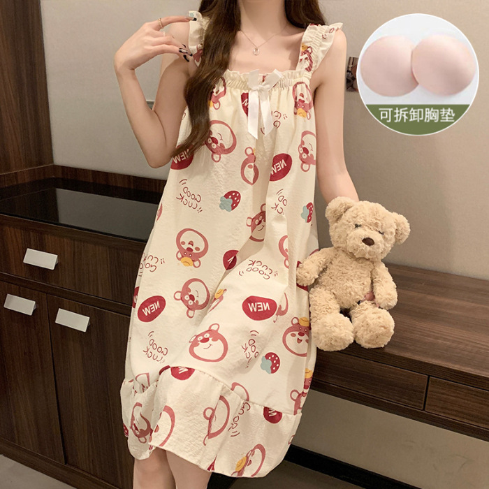 Pijama de mujer de verano dulce chaleco de cinturón de pecho tejido de algodón espuma tela arrugada pijama de mujer de verano vestido lindo
