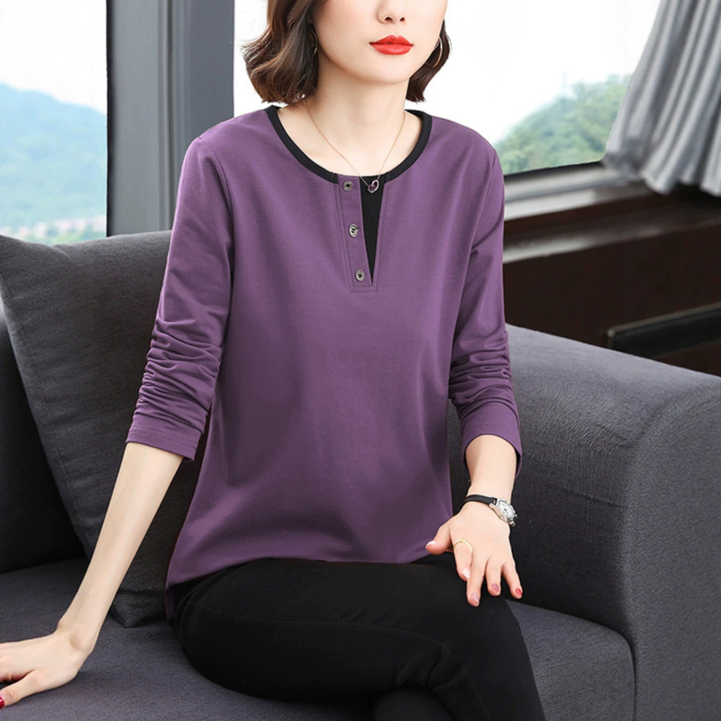 Cotton Base Shirt for Women 2025 Spring and Autumn New Style Long-Sleeve T-Shirt for Middle-Aged Moms, Plus Size Loose Top for Plus-Size Women