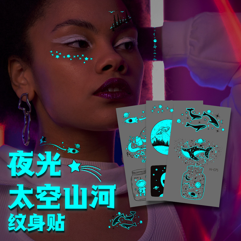 Tattoo stickers luminous space mountains and rivers spaceship planet small fresh waterproof luminous lasting temporary cross-border supply