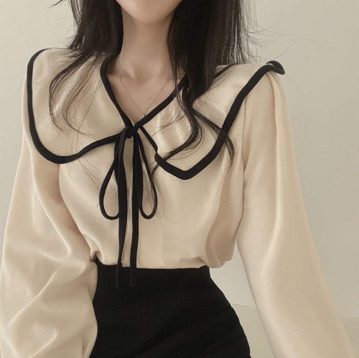 South Korea chic spring French temperament large lapel lace bow design loose all-match long sleeve shirt top