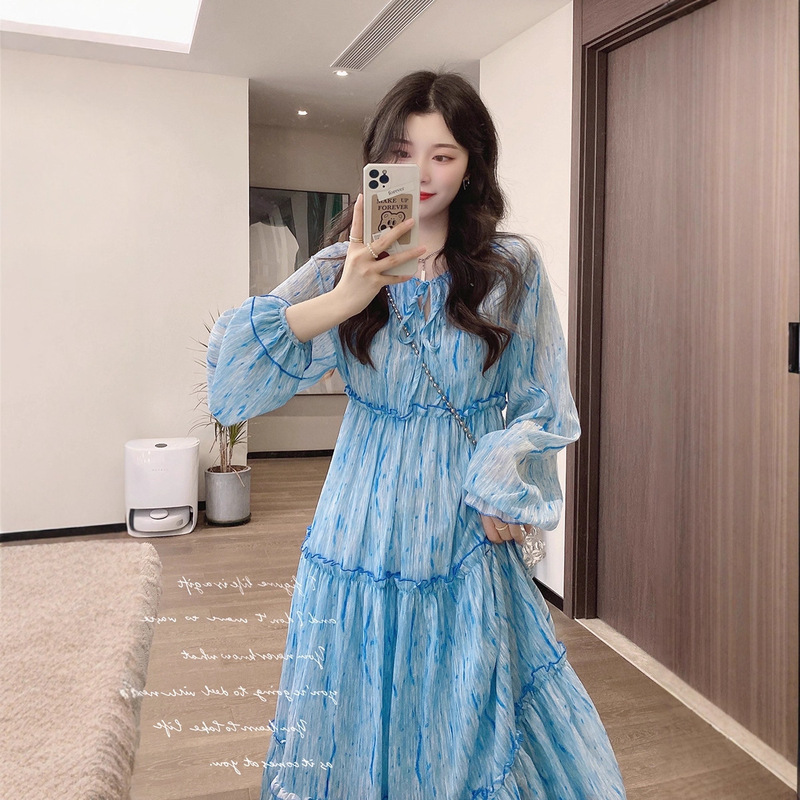 French-Style Tea Break V-Neck Maternity Long-Sleeve Dress for Women, Loose Fit, New Early Spring Waist-Cinching Slimming Vacation A-Line Long Dress