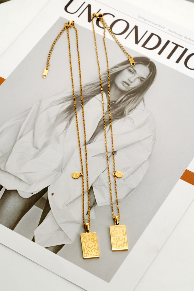 Retro Square Constellation Titanium Steel Inlaid Gold Pendant Necklace