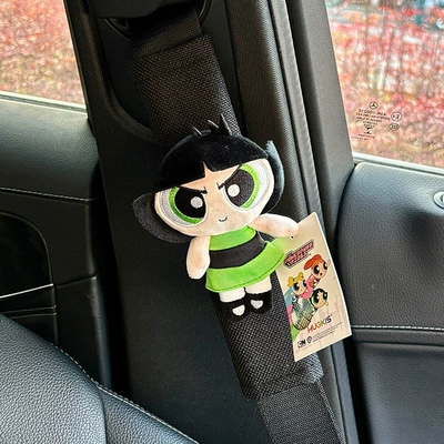 Car Seat Belt Shoulder Protector, Universal Car Anti-Wear Clothing for All Seasons, Cute Powerpuff Girls Car Protective Cover (Seat belt shoulder pad) - green-little-policewoman-black-ice-silk-shoulder-pads-single