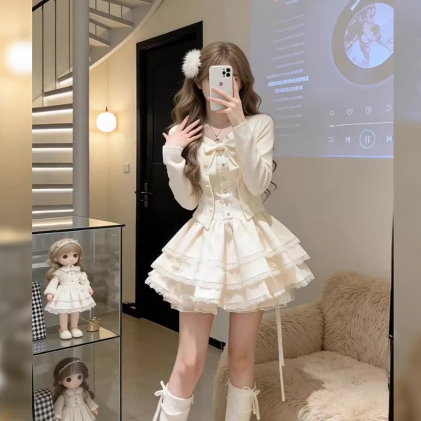 气质新款好看超蓬蓬连衣裙套装女减龄春季甜美开衫两件热嘉