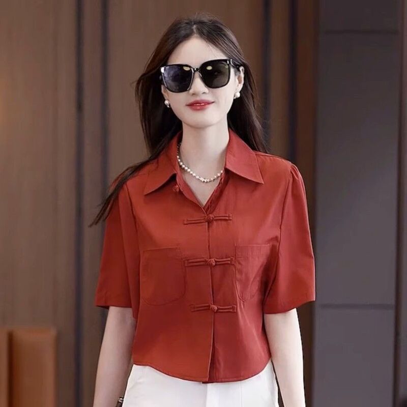 中国风夏季衬衫宽松纯色百搭衬衣气质半袖遮肚子盘扣上衣女士小衫|undefined