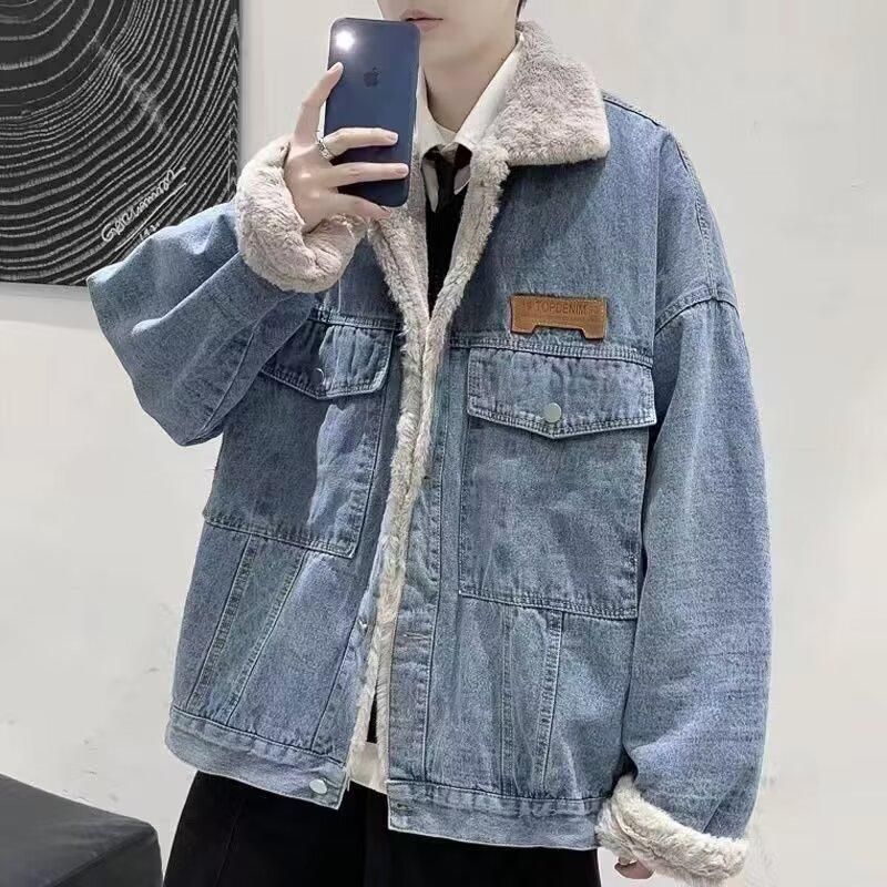Winter New Rabbit Fur Men's Fashionable Loose fleece-lined Thickened Denim Jacket Cotton-padded Jacket