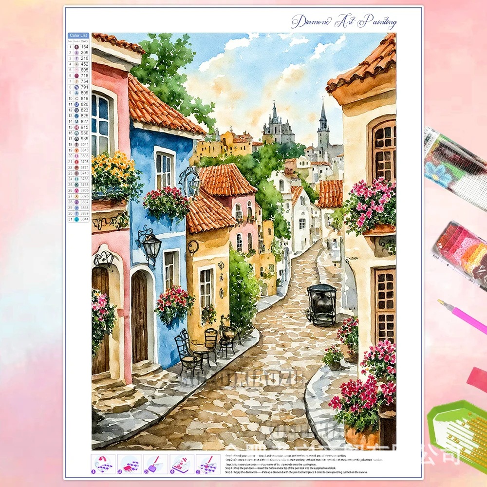 Venta caliente transfronteriza dibujos animados ciudad de bricolaje casa paisaje lleno de diamantes sala de estar dormitorio decoración pegatinas fabricante de pintura de diamantes