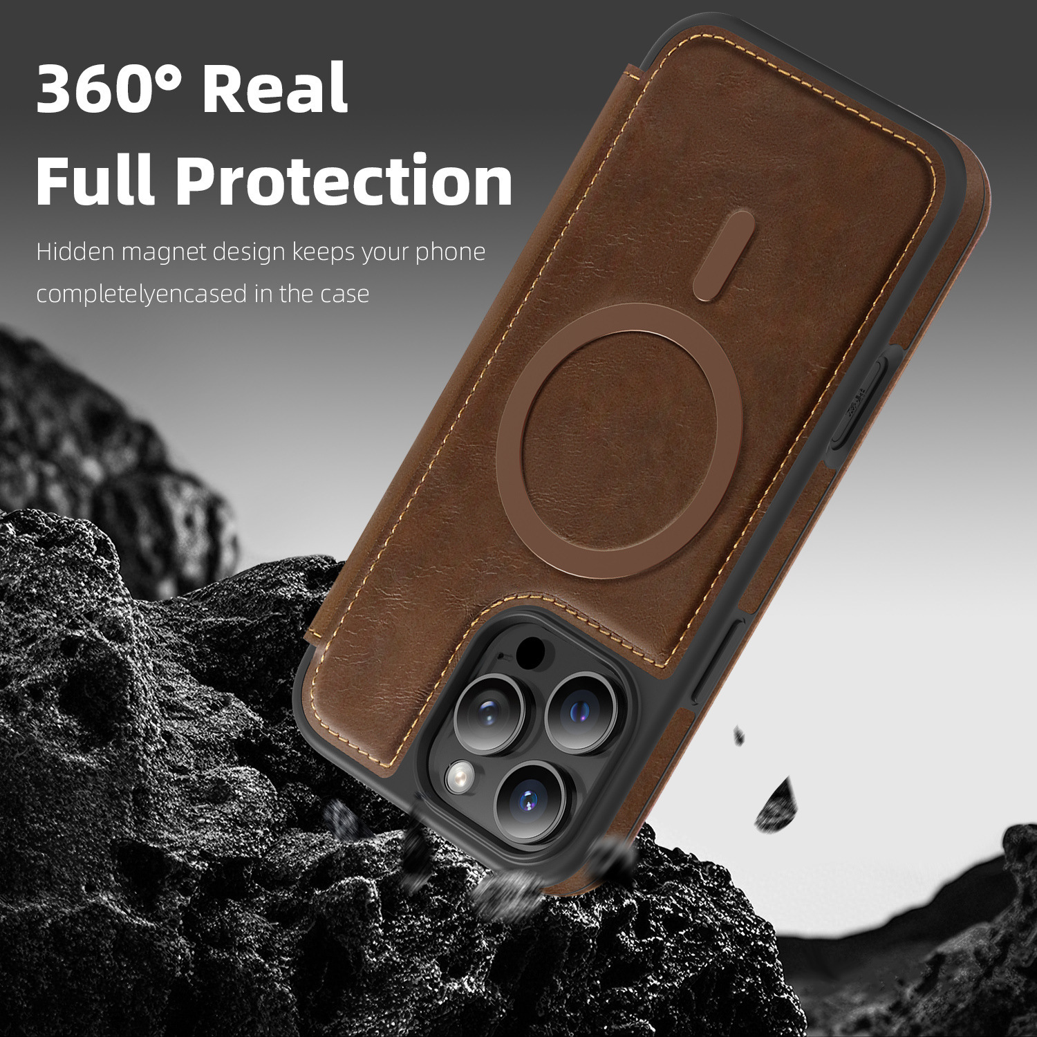 Ốp lưng da từ tính có khe đựng thẻ cho iPhone 16 Pro Max, chống sốc — Màu đen, Màu xanh ngọc, Màu cà phê, Xám vàng titan chi tiết 7