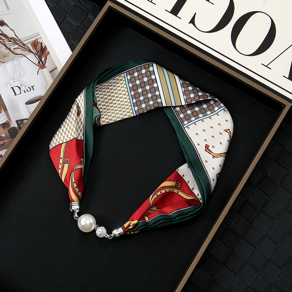 Pañuelo de seda con hebilla magnética de diamantes con incrustaciones de perlas collar mujer retro todo fósforo moda bufanda fina hebilla autocebante babero al por mayor