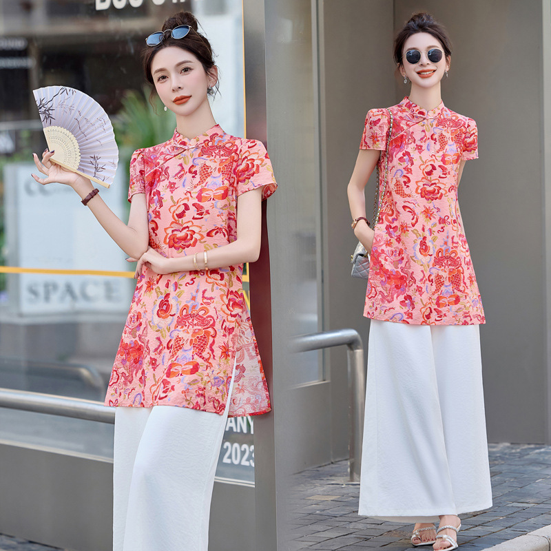New Chinese Style National Style Stand Collar Plate Button Printed Mid-Length Improved Version of Cheongsam Top Summer Loose and Versatile Light Luxury