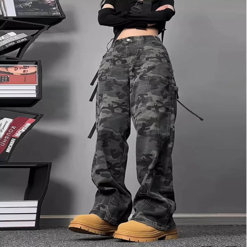 Cross-border 2025 American-style Logging Men's and Women's Spring and Autumn Design Sense Denim Tooling Camouflage Pants Trendy Brand Straight Pants