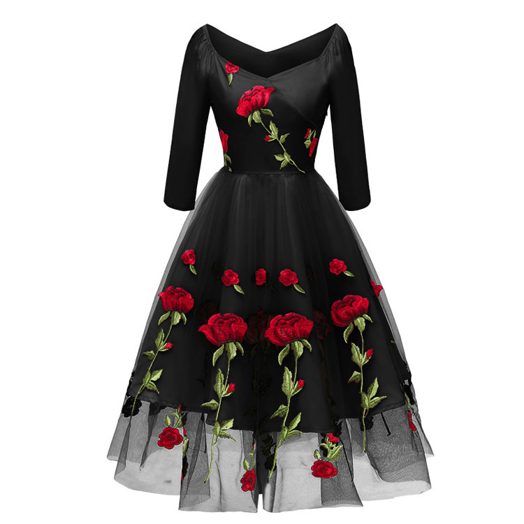 Amazon Aliexpress Ebay Hot Selling Handmade Rose Embroidered Mesh Lady Dress Bridesmaid Dress