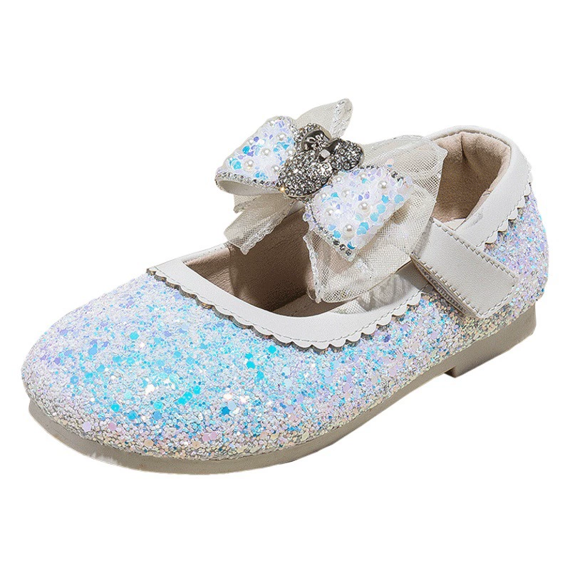 Обувь принцессы для девочек Disney 2023 Осенняя новая кожаная обувь с блестками для маленьких девочек с бантом
