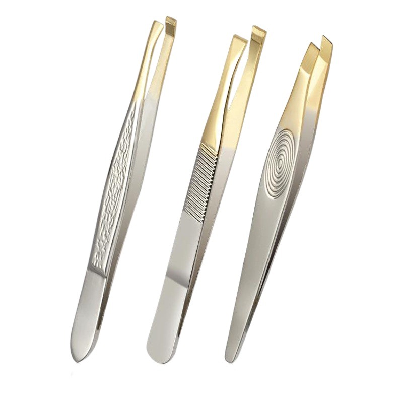 Acero inoxidable oblicuo medio chapado en oro clip de cejas pinzas de cejas recortador de pelo clip de cejas Yangjiang herramientas de belleza