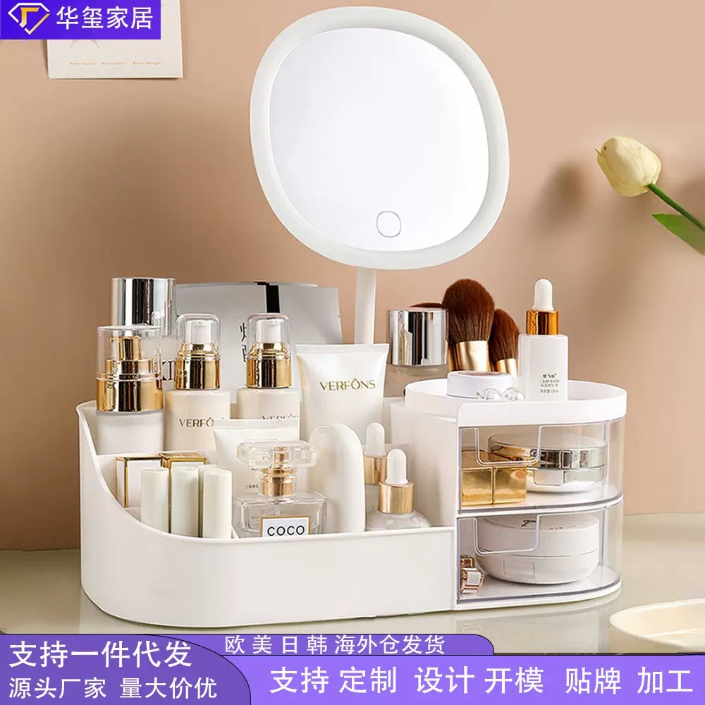 化妆品收纳盒桌面梳妆台化妆镜护肤品置物架桌上抽屉式口红整理箱