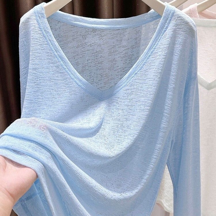 Lightweight Loose V-Neck Blue Sun Protection Cardigan for Women, 2026 Spring/Summer New Long-Sleeve Outerwear for Pilates and Yoga