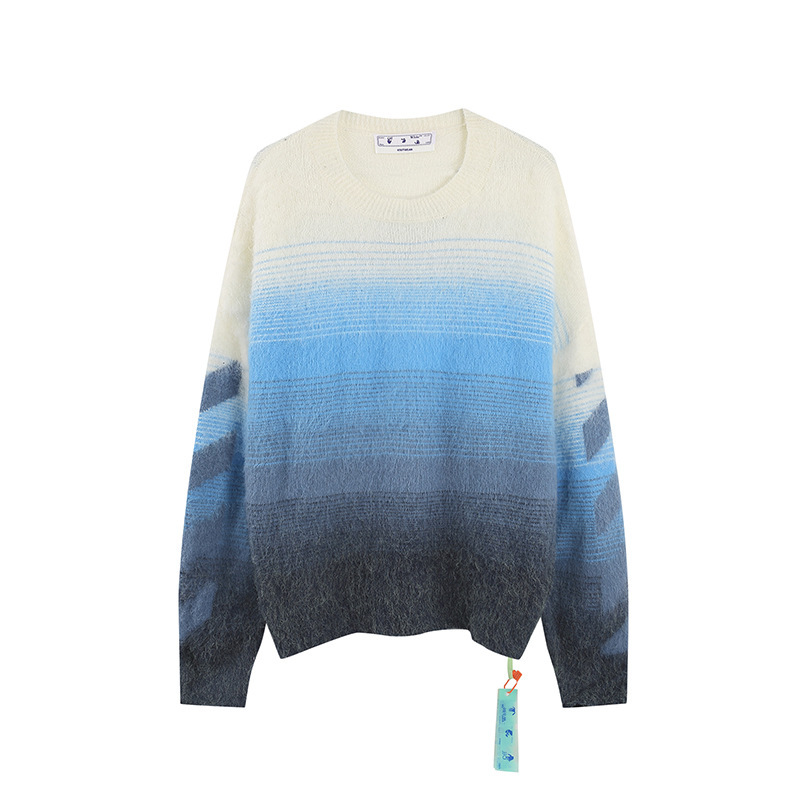 2022 autumn and winter New OW blue arrow pattern gradient round neck pullover sweater for men and women with a wholesale