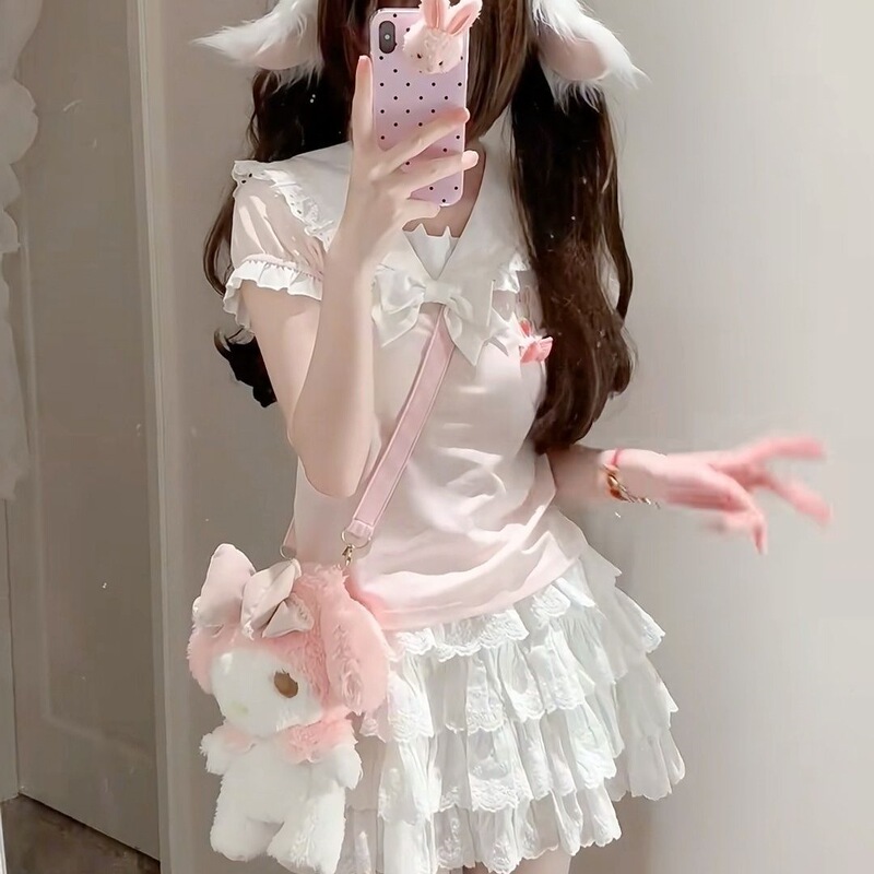 Summer Japanese-Style Soft Girl Sweet Cute Cat Ear Cat Paw Short-Sleeve Cat Ear Top Sailor Collar T-Shirt Young Girl Clothing Summer Japanese-Style Soft Girl Sweet Cute Cat Ear Cat Paw Short-Sleeve Cat Ear Top Sailor Collar T-Shirt Young Girl Clothing