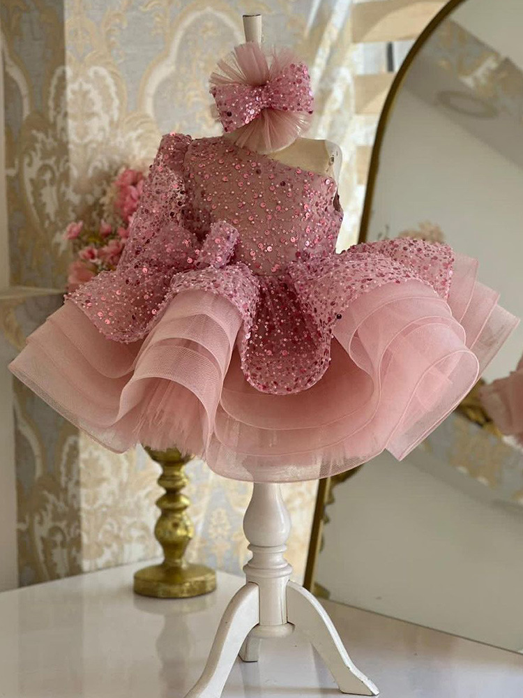 Pink Sequin Pageant Dress For Girls Tulle Puff Skirt Performance_voghion.com
