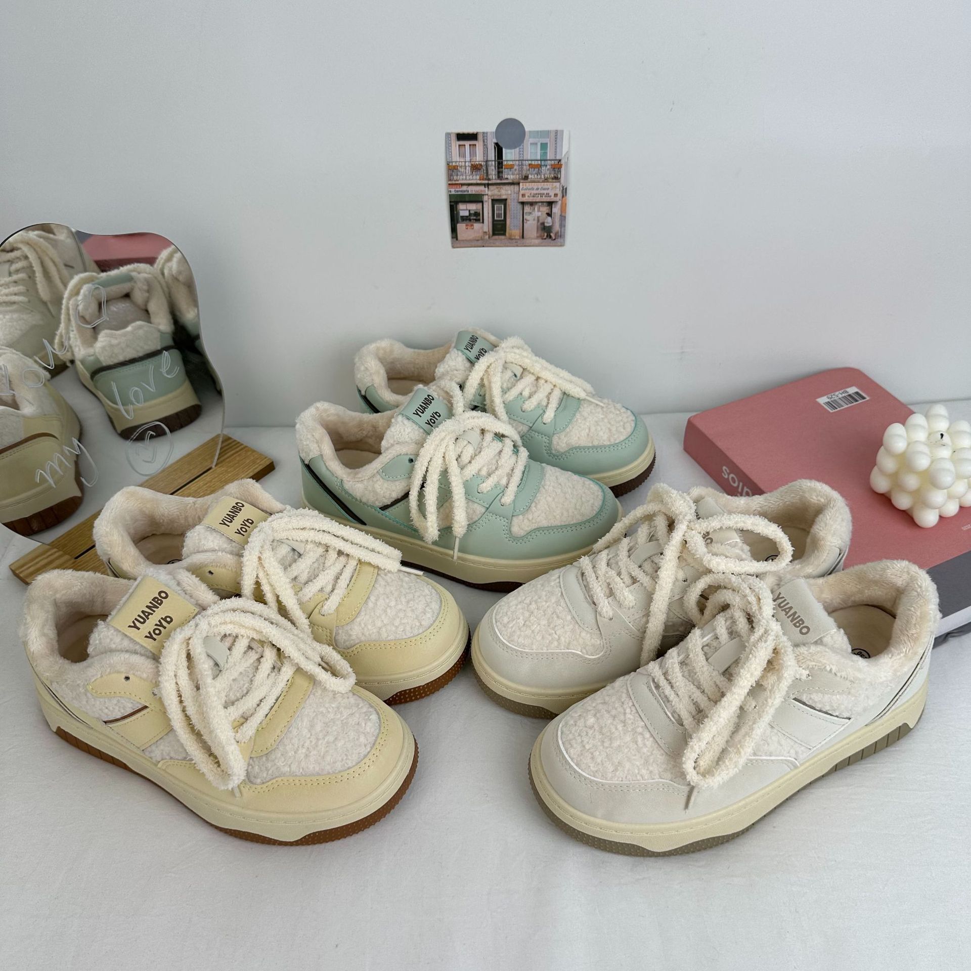 Yuanbo invierno con suela gruesa y zapatos de lana de mujer zapatos de algodón de nicho de ocio 2024 zapatos de lona cálidos