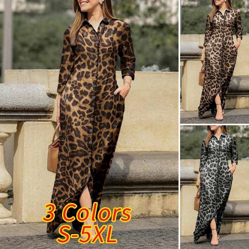 Women's Holiday Casual Lapel Long Sleeve Robe Long Floral Print Cotton Dress Button-Up Shirt Long