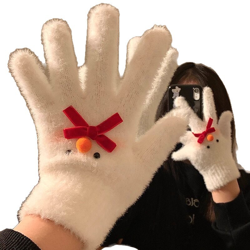 可爱蝴蝶结雪人毛绒针织五指手套女冬季保暖加绒加厚骑行防寒防风|undefined