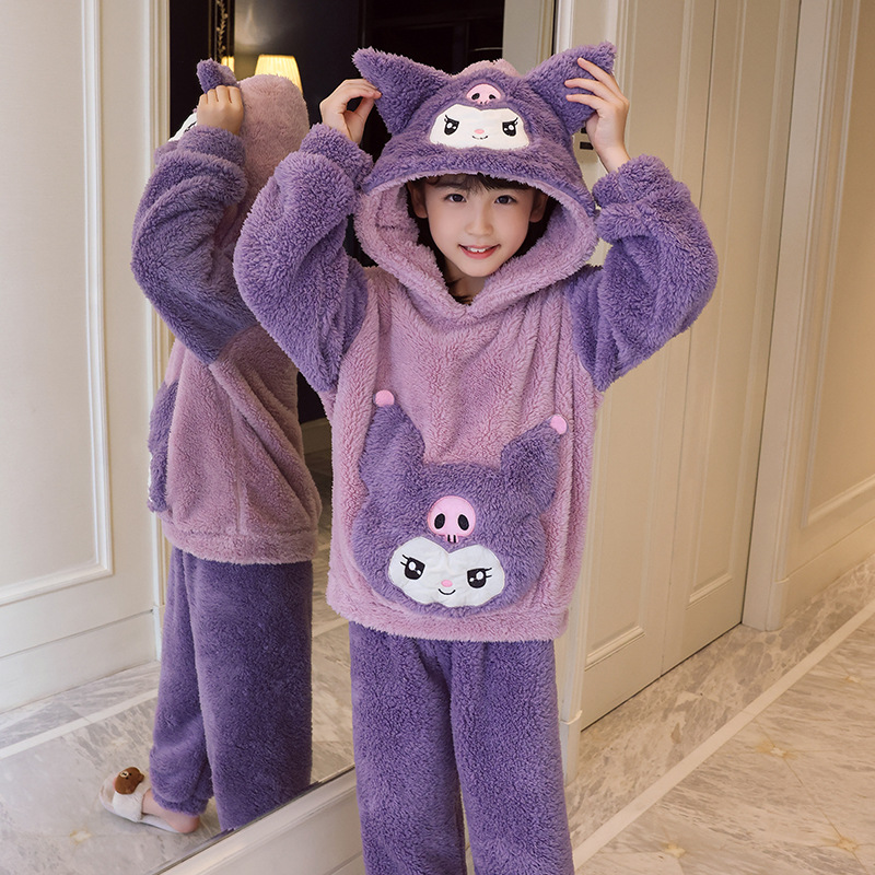 Kurumi Children's Sleepwear Plush Cute Cartoon Hooded Thick Coral Fleece Hat Home Set