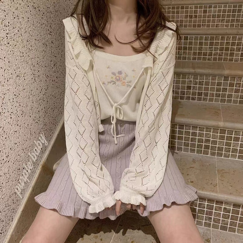 Vintage Girl's Hollow-out Strap All-match Cream White Knitted Top Summer Small Cardigan Jacket Sunscreen Blouse Thin