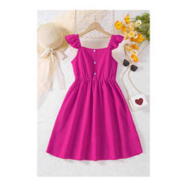 外贸女童夏季玫红吊带裙 荷叶边收腰款 亚马逊速卖通跨境爆款童装