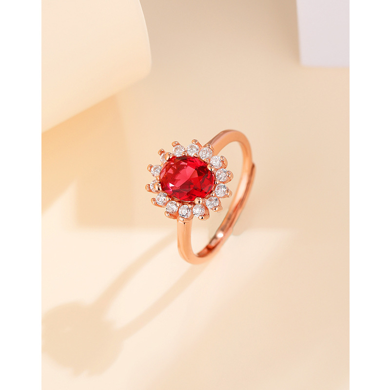 S925 pulsera de plata estilo coreano de moda simple elegante con incrustaciones de circón rojo corindón anillo femenino abierto nicho anillo