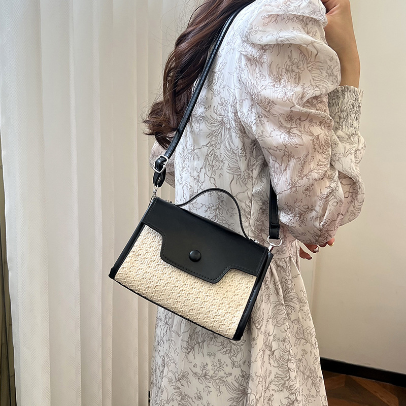 小清新撞色小方包2024新款高顏值草編休閒百搭單肩斜跨包女包bags